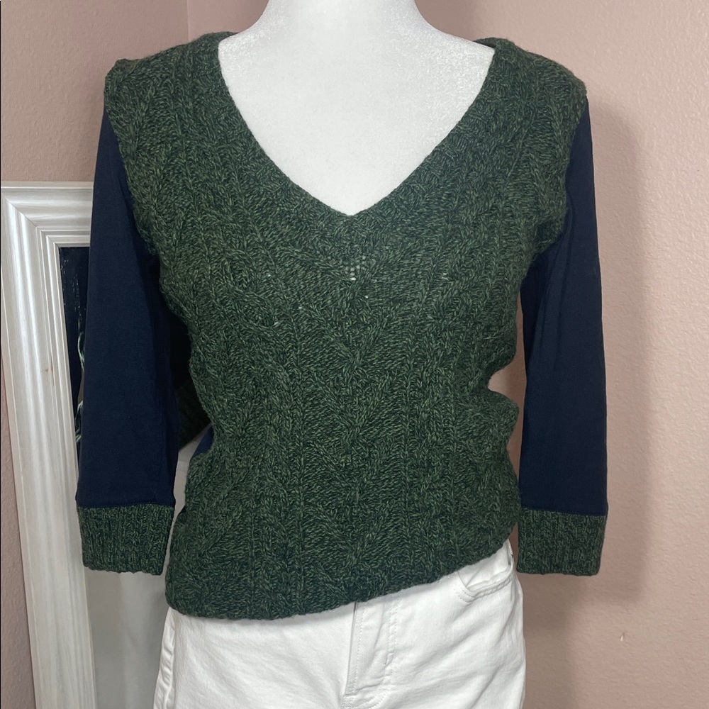 Pilcro Anthropologie Wool‎ Blend Sweater V Neck Green Mixed Media Knit S